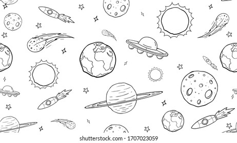 Vector Hand Drawn Seamless Pattern with Earth, Sun, Moon, Saturn, Rocket and Space Element