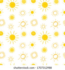 Vector hand drawn seamless pattern, sunny background, sun drawings isolated on white background, yellow scribble lines, sunrise, nature backdrop.