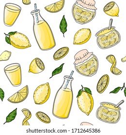 Vector hand drawn seamless pattern with lemons, leaves, jam jars and lemonade. Graphic texture for package, wrapping paper, card, label, fabric, poster, menu, cafe, restaurant, advertising, wallpaper.