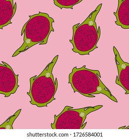 Vector hand drawn seamless pattern of dragon fruit (pitaya, pitahaya). Tropical exotic fruits pattern. Colorful background for wrapping paper, textile, stationary prints.