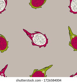 Vector hand drawn seamless pattern of dragon fruit (pitaya, pitahaya). Tropical exotic fruits pattern. Colorful background for wrapping paper, textile, stationary prints.