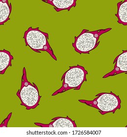 Vector hand drawn seamless pattern of dragon fruit (pitaya, pitahaya). Tropical exotic fruits pattern. Colorful background for wrapping paper, textile, stationary prints.