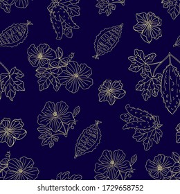 Vector hand drawn seamless pattern with medicinal plant momordica charantia on a dark blue background