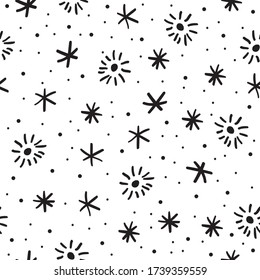 Vector hand drawn seamless pattern with naive cartoon illustrations. Stars and dots. Monochrome minimalistic black and white