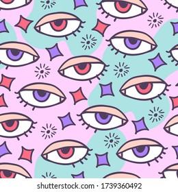 Vector hand drawn seamless pattern with naive cartoon illustrations. Cute Eyes red, pink, green, purple. stars and dots.