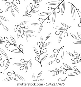 Vector hand drawn seamless pattern with outline olive branches. Floral, retro design element. Can be used for textile, book cover, packaging, wallpaper, pattern fills, surface textures.