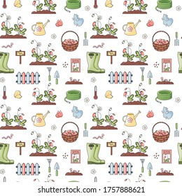 Vector hand drawn seamless pattern with growing strawberries and tools for gardening. Beautiful farm background for package, banner, print, card, fabric, label, advertising, textile, wrapping paper.