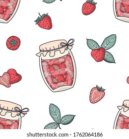 Vector hand drawn seamless pattern with cute strawberries and jam jars. Sweet homemade dessert. Beautiful background for package, wrapping paper, fabric, print, banner, wallpaper, advertising, textile