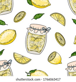
Vector hand drawn seamless pattern with lemons, leaves and jam jars. Sweet background with homemade dessert for package, wrapping paper, fabric, print, banner, wallpaper, advertising, textile.