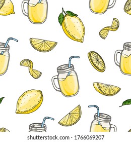 Vector hand drawn seamless pattern with cute whole and sliced lemons and fresh lemonade. Funny background for package, wrapping paper, card, label, fabric, poster, menu, cafe, restaurant, advertising.