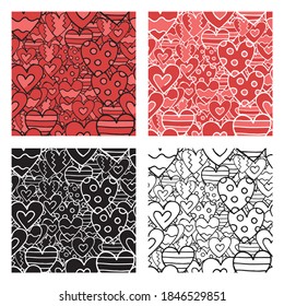Vector hand drawn seamless pattern set. Texture background, heart shapes, red colored, black and white.