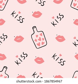 Vector hand drawn seamless pattern for Valentine’s Day. Cute pattern with hearts, lips and kiss lettering on pink background. For textiles, card, wallpaper and other 