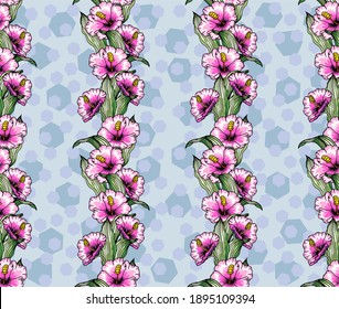 Vector hand drawn seamless pattern of bekets and branches
 hibiscus and tropical tree leaves. Botanical ornament.