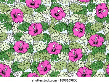 Vector hand drawn seamless pattern of bekets and branches
 hibiscus and tropical tree leaves. Botanical ornament