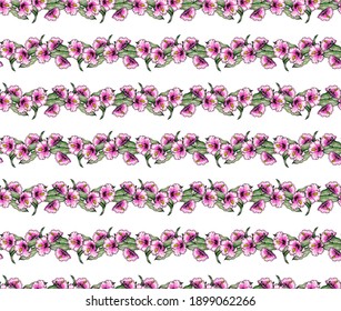 Vector hand drawn seamless pattern of bekets and branches
 hibiscus and tropical tree leaves. Botanical ornament.