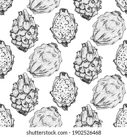 Vector hand drawn seamless pattern of pitaya. Dragon fruit illustration. Delicious tropical vegetarian pattern. Use for restaurant, menu, smoothie bowl, market, store, party decoration, meal