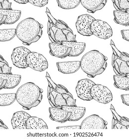 Vector hand drawn seamless pattern of pitaya. Dragon fruit illustration. Delicious tropical vegetarian pattern. Use for restaurant, menu, smoothie bowl, market, store, party decoration, meal