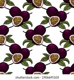 Vector hand drawn seamless pattern of passion fruits. Delicious tropical vegetarian objects. Use for restaurant, menu, smoothie bowl, market, store, party decoration, meal