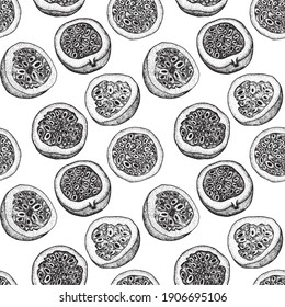 Vector hand drawn seamless pattern of passion fruits. Delicious tropical vegetarian objects. Use for restaurant, menu, smoothie bowl, market, store, party decoration, meal