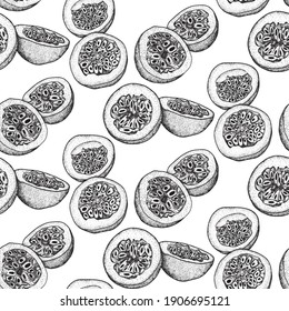 Vector hand drawn seamless pattern of passion fruits. Delicious tropical vegetarian objects. Use for restaurant, menu, smoothie bowl, market, store, party decoration, meal