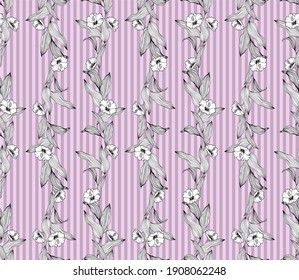 Vector hand drawn seamless pattern of bekets and branches hibiscus and tropical tree leaves. Botanical ornament.