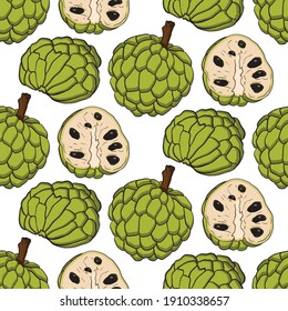 Vector hand drawn seamless pattern of cherimoya. Sugar apple pattern. Tropical objects. Use for restaurant, menu, smoothie bowl, market, store, party decoration, meal.