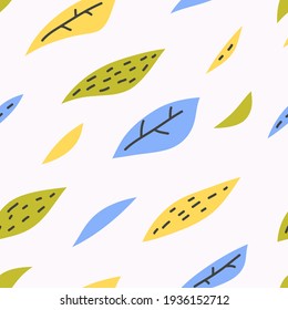 Vector hand drawn seamless pattern cute design. Green, blue, yellow leaves.