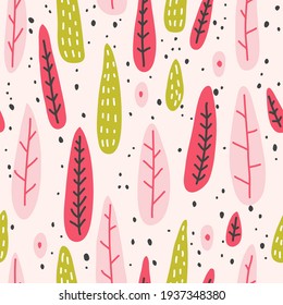Vector hand drawn seamless pattern cute design. Pink, red, green leaves