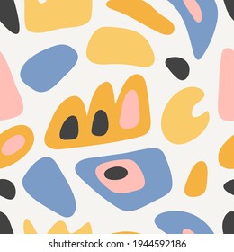 Vector Hand Drawn Seamless Pattern Cute Design. Yellow, Blue, Pink Geo Shapes