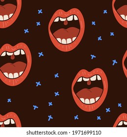 Vector hand drawn seamless pattern cute mouth lips. Red, black, blue colors.