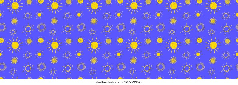 Vector hand drawn seamless pattern, sunny background, sun drawings on blue sky background, yellow scribble lines, sunrise, nature backdrop.