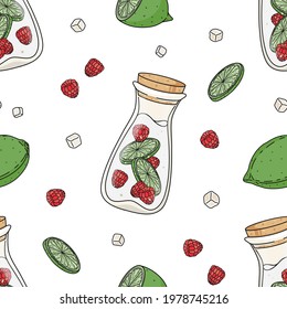 Vector hand drawn seamless pattern with lime, raspberry and carafe of naturally flavored fruit water. Graphic texture for wrapping paper, poster, menu, cafe, restaurant, advertising, print, banner.