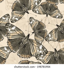 Vector hand drawn seamless pattern with butterflies.