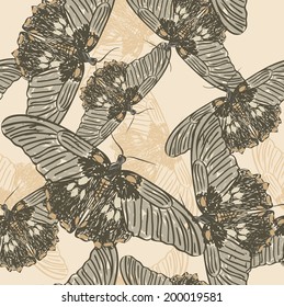 Vector hand drawn seamless pattern with butterflies.