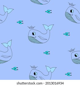 Vector hand drawn seamless pattern with cute smiling whale,simple flat illustration,print for kids,baby fashion,textile,interior design,wallpaper,decoration,ocean mammal on lavender background.