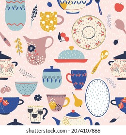 Vector hand drawn. Seamless pattern of collection ceramics elements   tableware. Kitchen utensils and dinnerware.