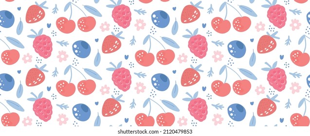 Vector Hand drawn seamless pattern of berries mix with leaves and flowers isolated on a white background. Abstract modern Elements of summer berries for print, product design, menu posters.