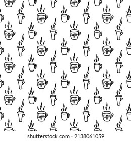 Vector hand drawn seamless pattern with different kitchen icons isolated on white. Doodle cup, mug, tea ceremony wrap in line art style for a cafe decor. Adult and kids coloring page