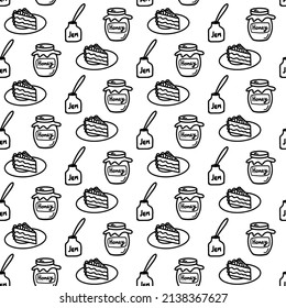 Vector hand drawn seamless pattern with different sweet icons isolated on white background. Doodle honey, cake, raspberry jam wrap in line art style for a cafe decor. Adult and kids coloring page