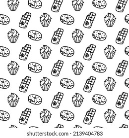 Vector hand drawn seamless pattern with different sweet icons isolated on white background. Doodle donut, cake, cupcake, chocolate wrap in line art style for a cafe decor. Adult and kids coloring page