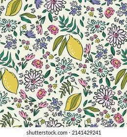 Vector Hand Drawn Seamless Pattern with lemon and flower