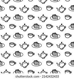 Vector hand drawn seamless pattern with different kitchen icons on white background. Doodle cup, mug, teapot, coffee pot, cake wrap in line art style for a cafe decor. Adult and kids coloring page