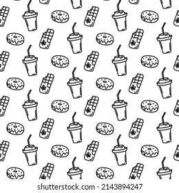 Vector hand drawn seamless pattern with chocolate bar, donut, drink with straw icons on white background. Doodle chocolate, drink, donut wrap in line art style. Adult and kids coloring page