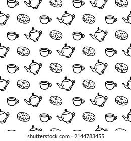 Vector hand drawn seamless pattern with cup, teapot, donut icons on white background. Doodle coffee pot, mug, donut wrap in line art style for a cafe decor. Adult and kids coloring page