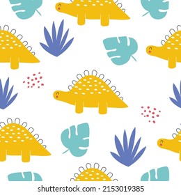 Vector hand drawn seamless pattern with colorful dinos, tropical leaves and bushes. Cute dinosaurs. For wallpaper, children's clothing, fabric, poster, packaging, gift paper. On a white background.