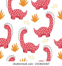 Vector hand drawn seamless pattern with colorful dinos and bushes. Cute dinosaurs. For wallpaper, children's clothing, fabric, poster, packaging, gift paper. On a white background.