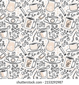 Vector hand drawn seamless pattern. Various cups sketch style drawn background with sugar, spoons, bubbles and coffee beans. Hand drawn linear graphic backdrop.