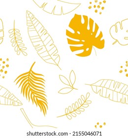 Vector hand drawn seamless pattern with golden tropical leaves. Golden banana leaves, monstera, exotic branches. Trendy wallpapers, textiles.