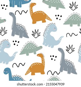 Vector hand drawn seamless pattern with dinosaurs. Cute dinosaurs, bushes, dots and doodles in doodle style. On a white background. trendy wallpapers. Print for children's wall, clothes, textiles.