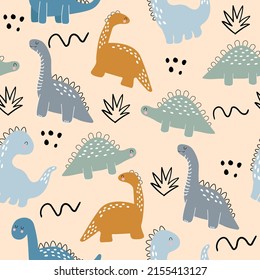 Vector hand drawn seamless pattern with cute dinosaurs. Dino, bushes, dots and doodles. Scandinavian style. For decorating a children's wall, wallpaper, clothes and textiles.